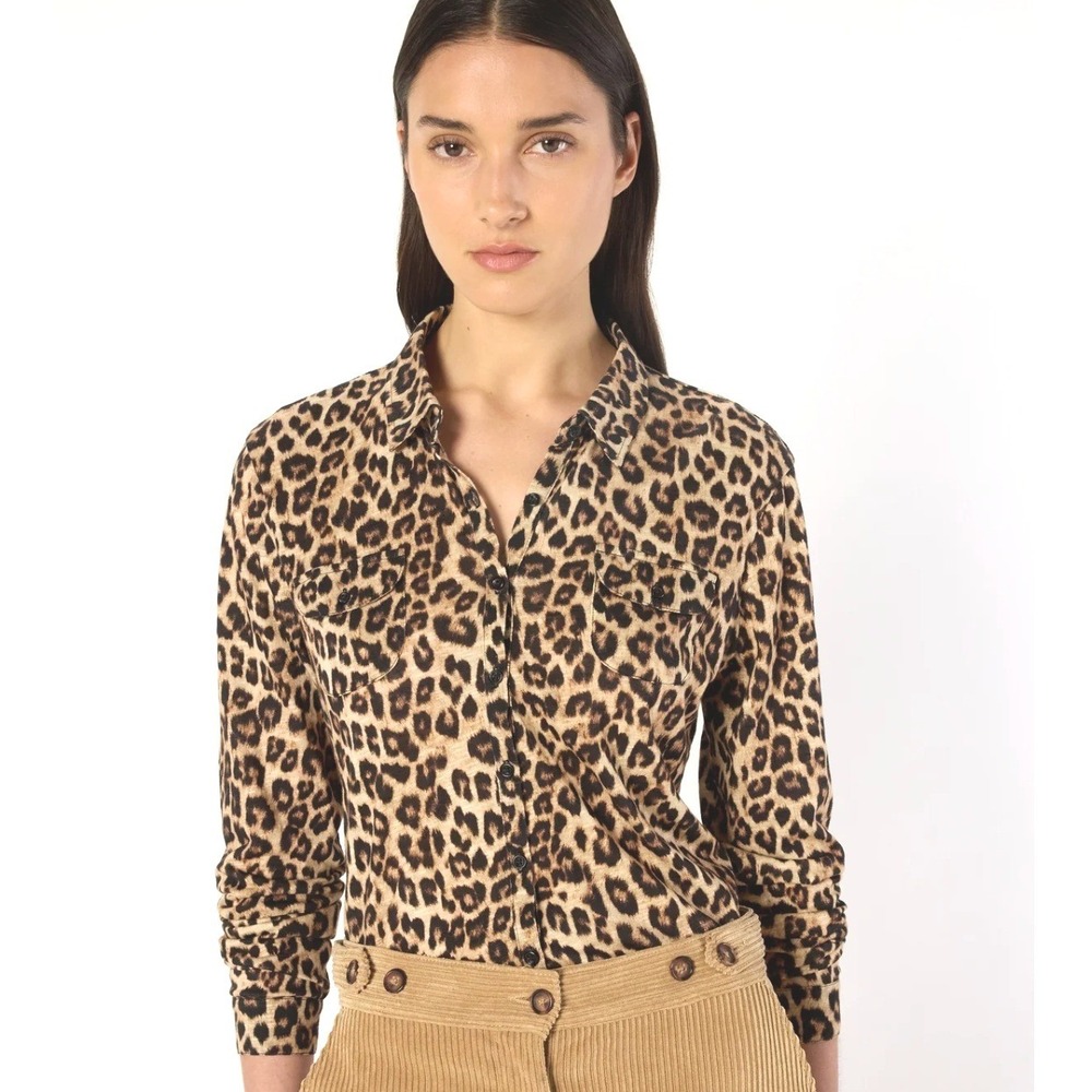 Gerard Darel Heloise Leopard Animal Print Jersey Shirt Button Front Top Size M–L